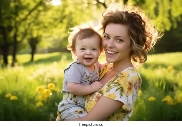 Happy mother and baby in a field of yellow flowers