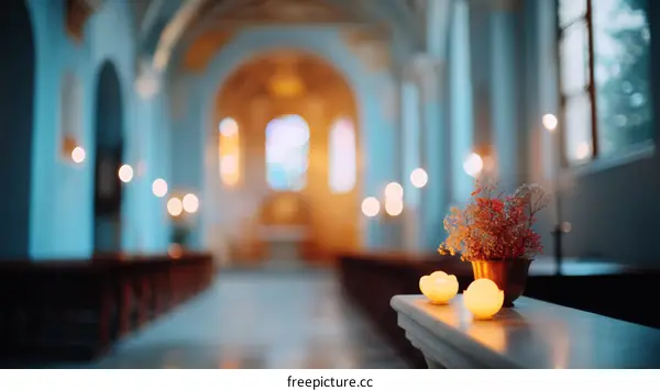Peaceful Church Interior with Candles and Flowers