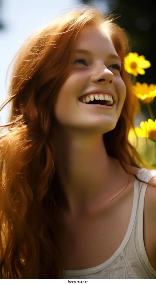 Portrait of a happy young woman with red hair and freckles smiling in a field of yellow flowers
