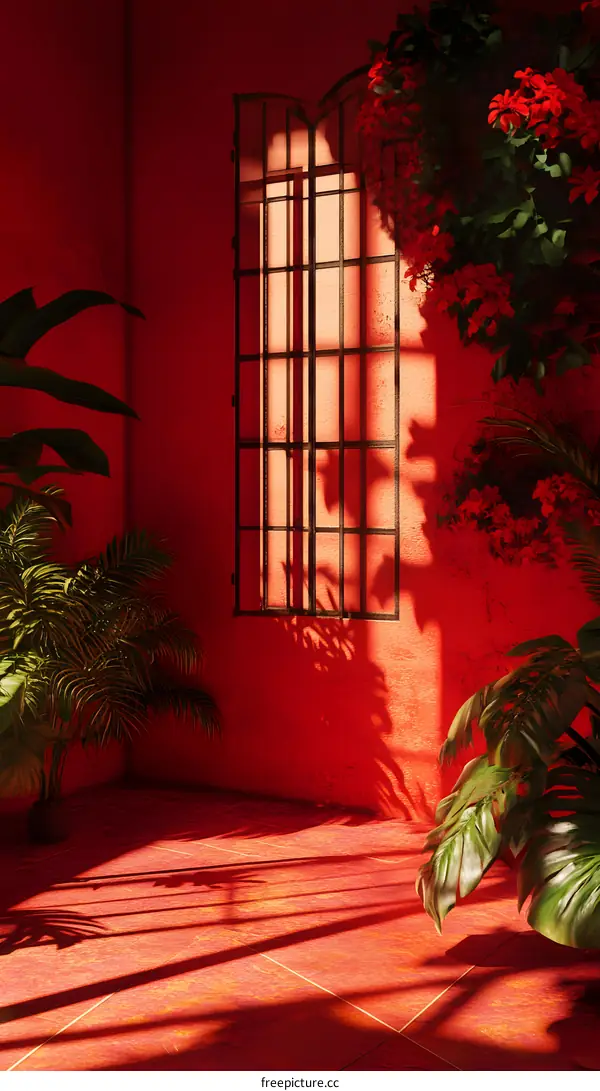 Red Wall with Window and Plants in a Room
