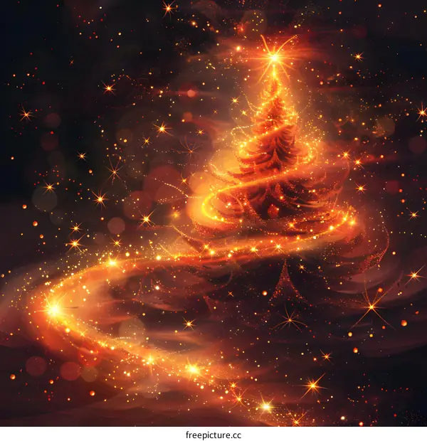Christmas tree with glowing golden lights and particles