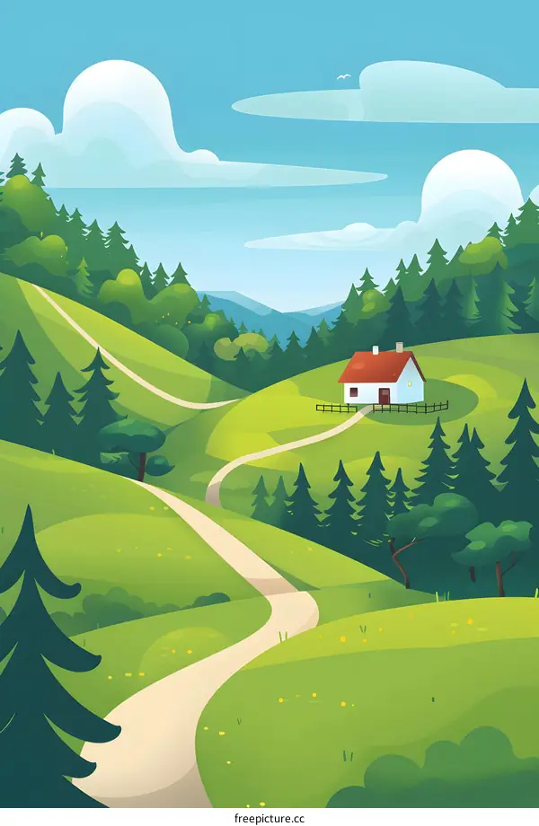 Winding Road Through Green Hills and Forest with a Small House