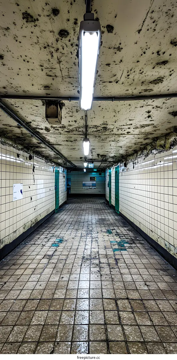 Old Abandoned Underground Tunnel With Tile Walls and Fluorescent Lighting
