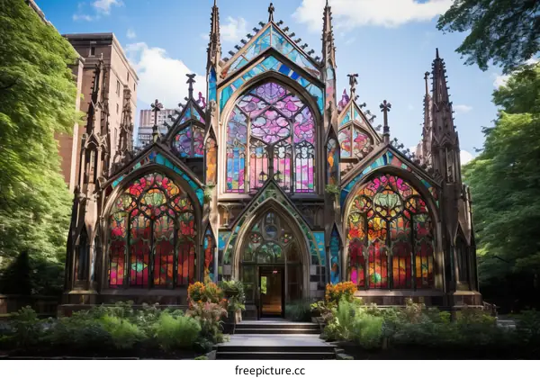 Vibrant Stained Glass Windows Adorn Small Chapel Facade