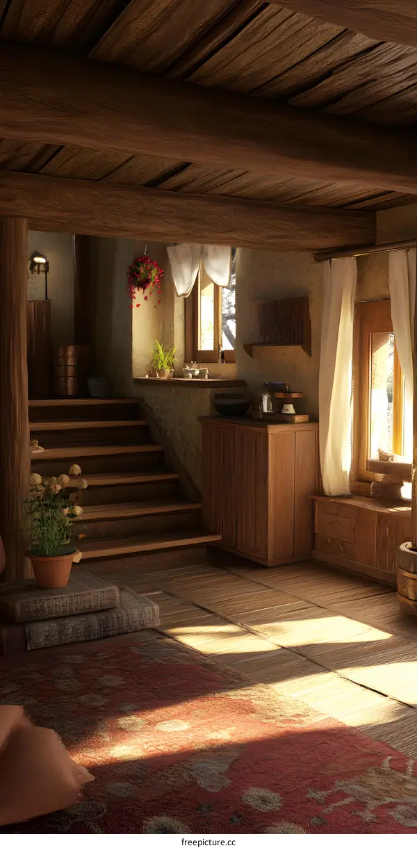 Cozy Wooden Cottage Interior with Staircase and Rug