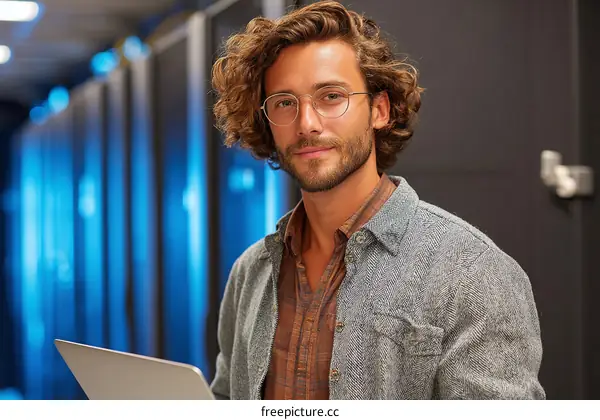Confident Caucasian Male in Server Room with Laptop