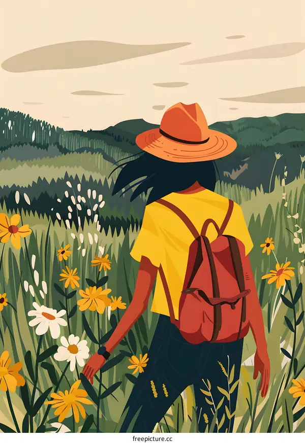 Woman in Yellow Shirt Hiking Through a Field of Flowers