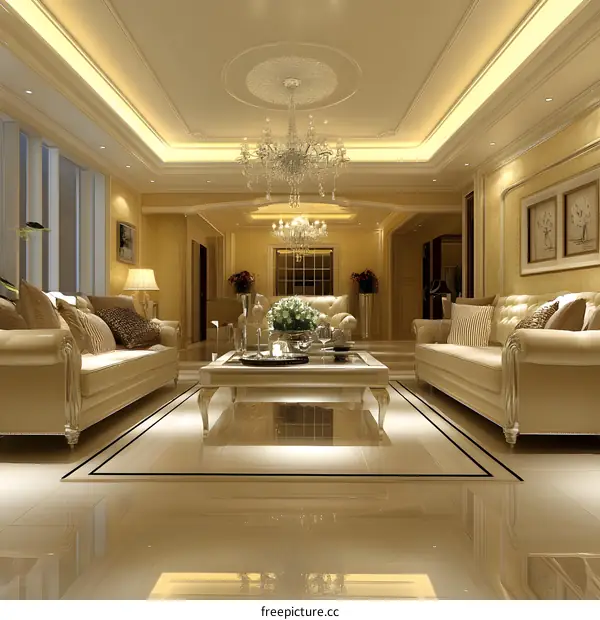 Modern Luxury Living Room Design With Chandelier and White Sofa