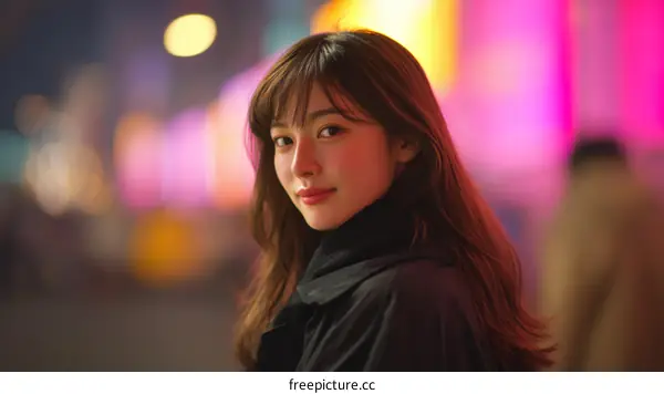 Asian Woman in Neon Night City Portrait