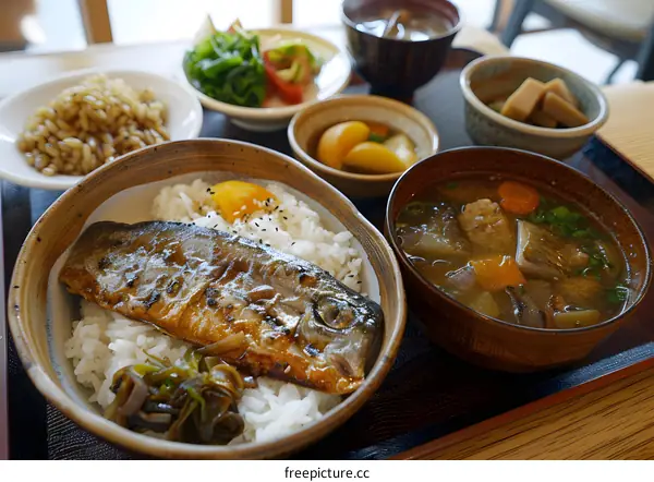 Japanese Food, Grilled Fish and Rice with Miso Soup