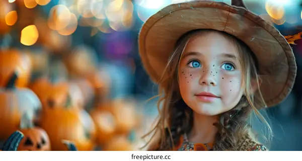 Little Girl in Witch Hat Looks Up