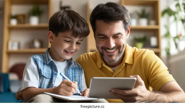 Father and Son Enjoying Educational Time Together