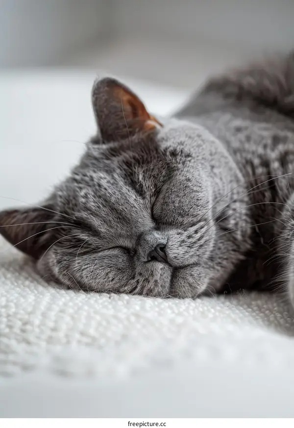 A gray cat is sleeping on a white carpet