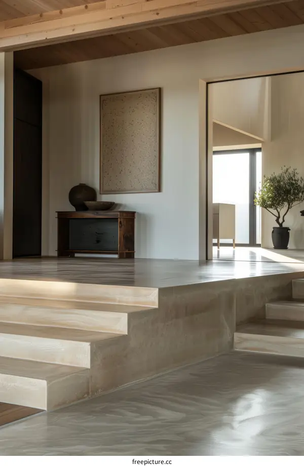 Elegant and minimalist home interior with wooden floor and white walls