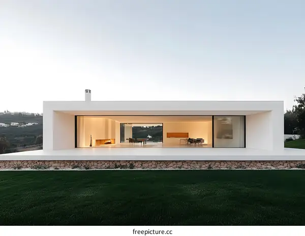 Modern Minimalist White House With Large Glass Windows and Stone Walls