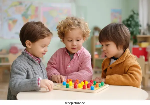 Three Children Playing Educational Toy Game