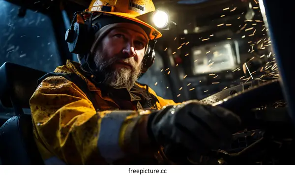 Portrait of a male miner operating heavy machinery in an underground mine.