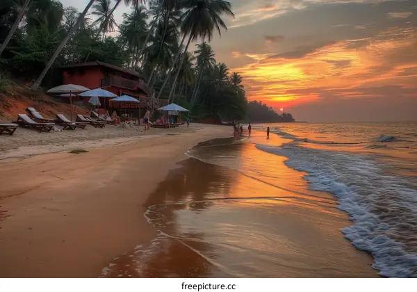 Beach sunset with palm trees and people walking
