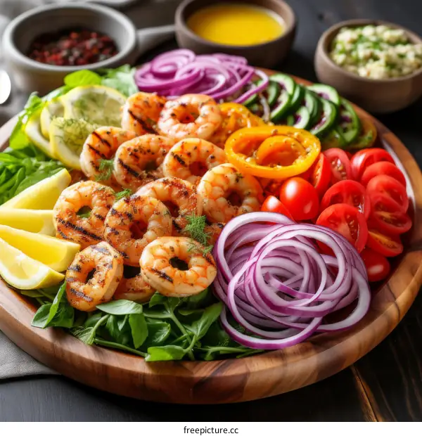 Grilled shrimp with vegetables and lemon wedges