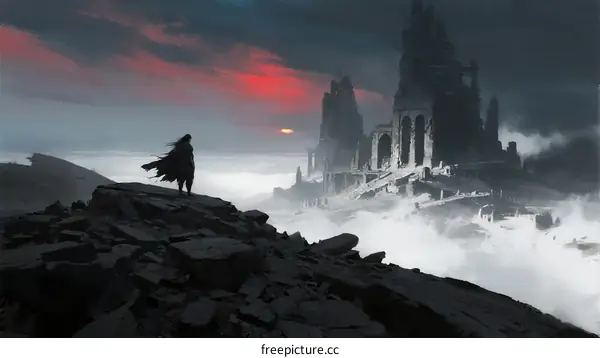A lone figure stands before a crumbling ancient castle in misty twilight