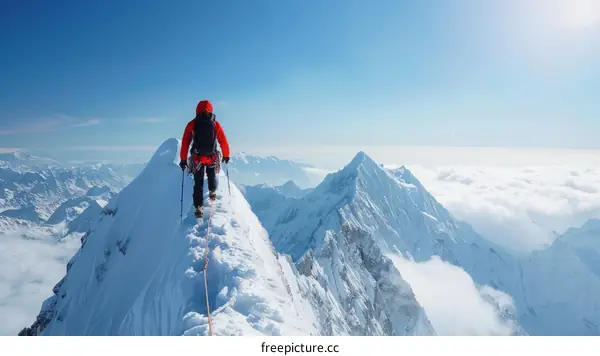 Mountaineer on the summit of a snow-capped mountain