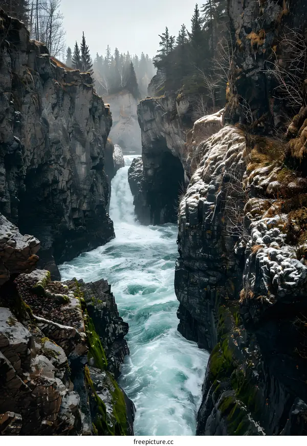 River flowing through the canyon with snow on the rocks