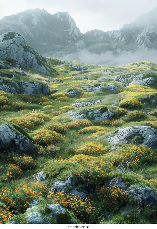 Majestic Alpine Meadow with Abundant Yellow Blooms and Majestic Rocks