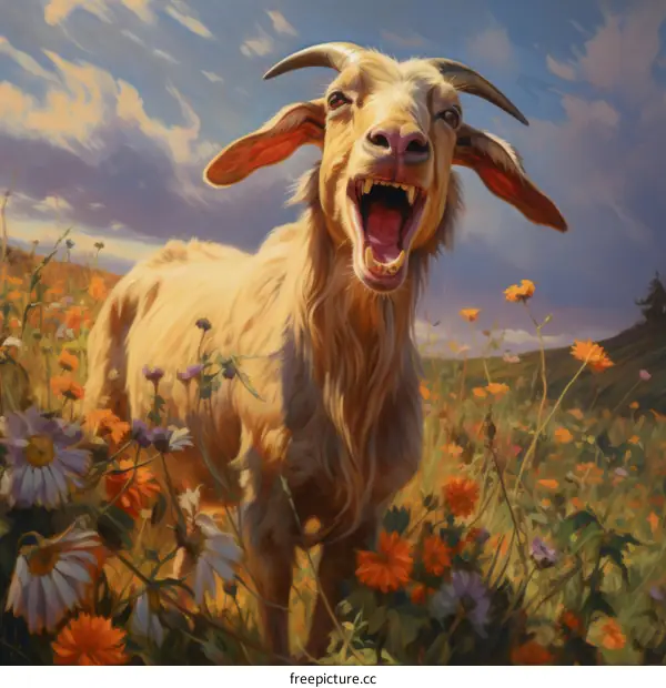 Goofy Goat Portrait in a Field of Flowers