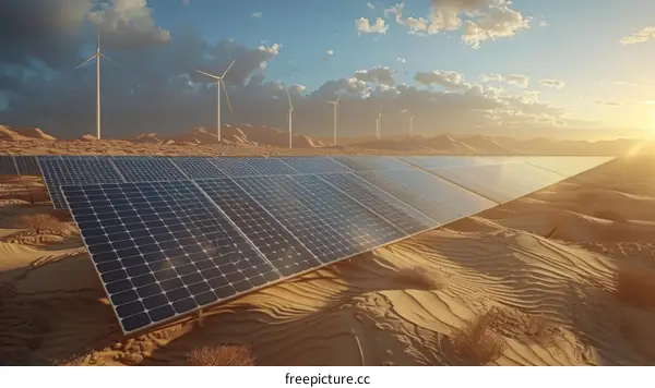 A large solar farm in the middle of a desert with wind turbines in the background