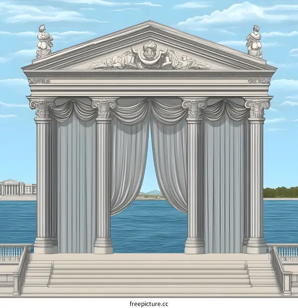 Greek Style Temple Building with Curtains Open to View Water and Distant Hills