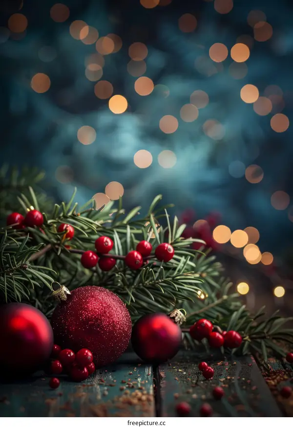 Christmas Ornaments with Holly Berries on Dark Background