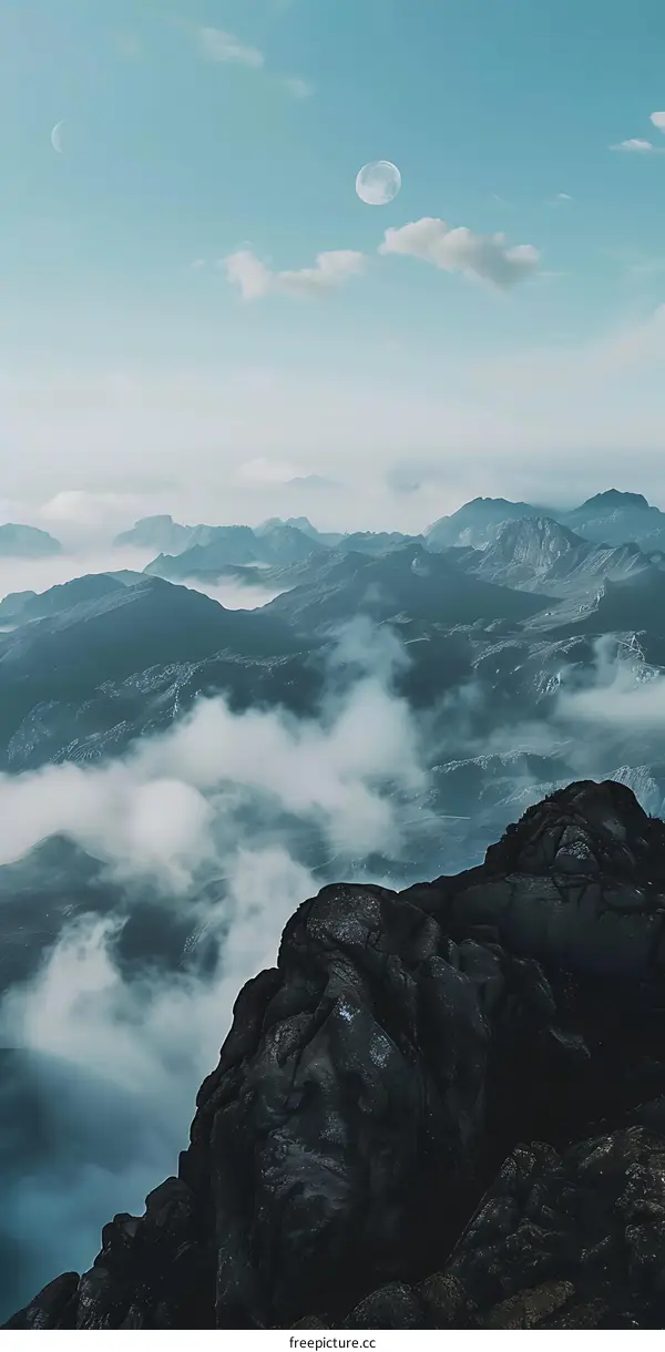 Mountain Landscape With Two Moons in the Sky