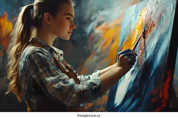 Young Female Artist Painting Abstract Artwork in Studio