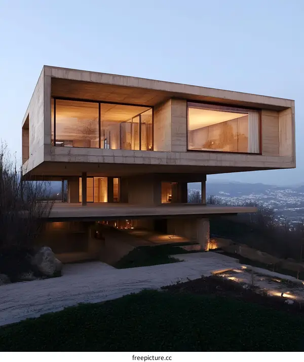 Modern Concrete House with Large Windows and a View of the City