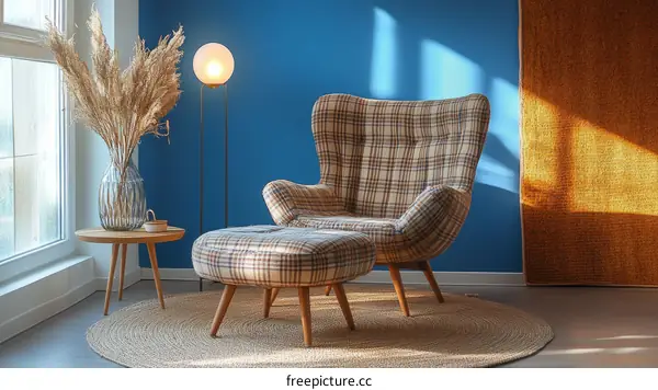 Cozy Living Room with Plaid Armchair and Pouf