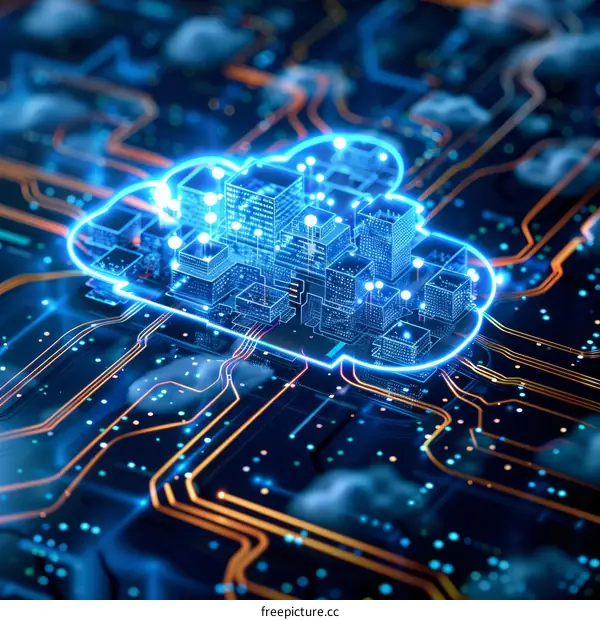 A glowing blue circuit board with a cloud-shaped city inside it.