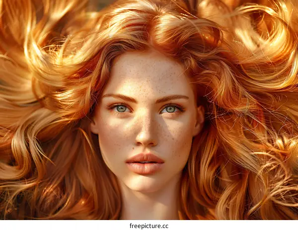 Redhead Woman with Freckles and Green Eyes