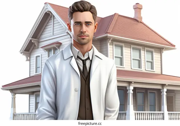Confident Male Doctor Standing in Front of a House