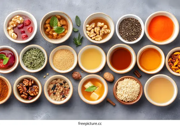 Collection of Different Spices and Ingredients in Small White Bowls