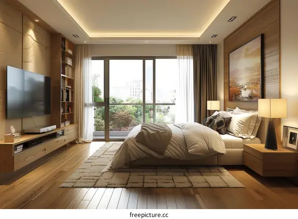 Modern bedroom interior design with wooden wall and large windows