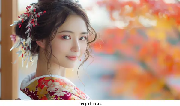 Japanese Woman in Traditional Kimono with Flowers in Her Hair
