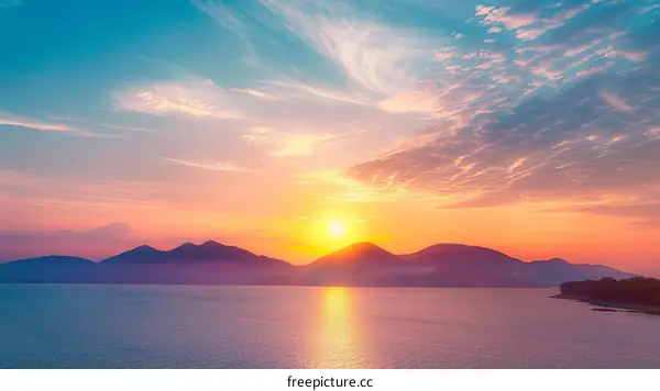 Sunset over the sea with mountains in the distance