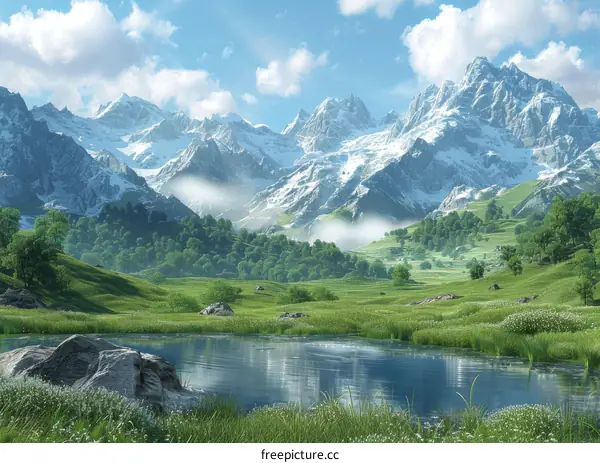 Fantasy Mountain Landscape with Green Hills and Blue Lake