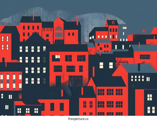 Modern Style Cityscape Illustration With Red and Blue Buildings