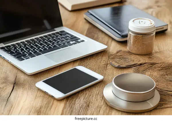 Modern Workspace Setup with Laptop, Smartphone, and Accessories