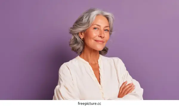 Confident Senior Woman Portrait Against a Purple Background