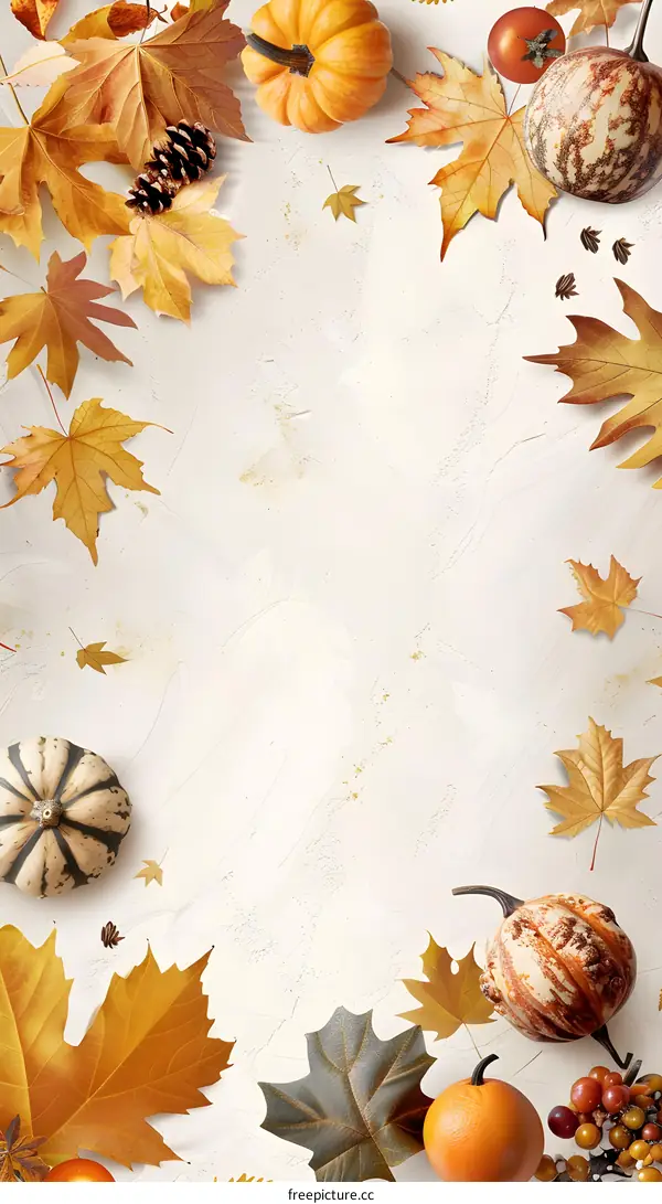 Autumn Leaves and Pumpkins on White Background