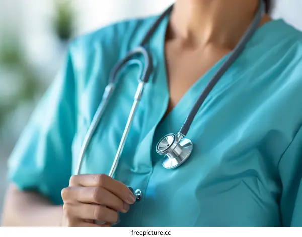 Close-up of a female doctor in blue uniform with stethoscope around her neck
