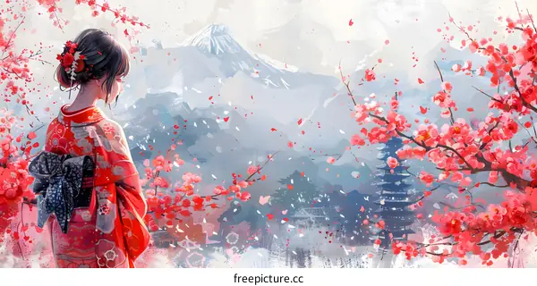 A woman in a red kimono standing in a field of cherry blossoms with a mountain in the background