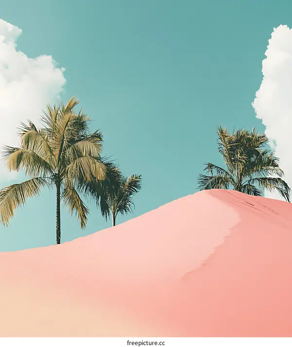 Pink Sand Dune With Palm Trees and Blue Sky